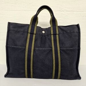 Hermès Fourre Tout GM Canvas and Nylon Tote Bag in Navy and Green Stripe